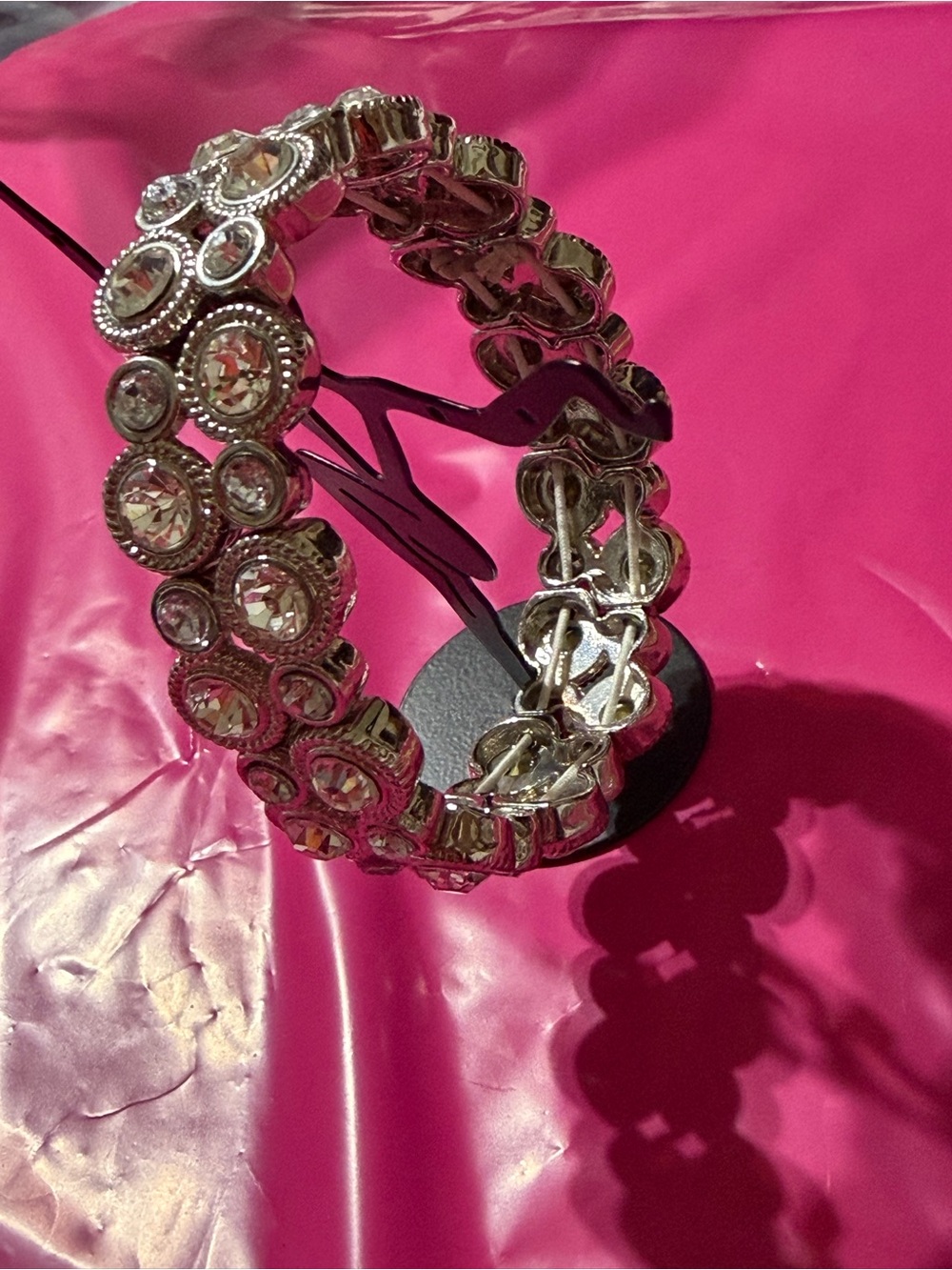 Crystal-studded Silver Stretch Bracelet w Round Jewels, Vintage Costume jewelry
